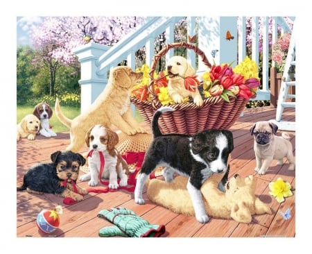 Puppy mischief - puppy, summer, mischief, basket, caine, painting, art, luminos, dog, animal, steve read, pictura, cute