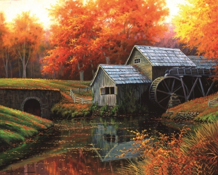 The Old Mill in October - trees, attractions in dreams, paintings, creek, colors, fall season, leaves, nature, autumn, October, mills, love four seasons