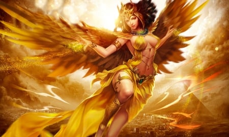 Golden Angel - woman, girl, angel, fantasy, gold, art, yellow, pretty, beautiful, digital