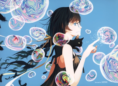 Bubbles - manga, anime, animal, pisica, black cat, blue, girl, luminos