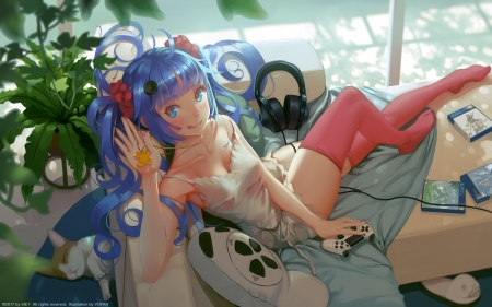 Hatsune Miku - anime, blue, girl, hatsune miku, emil, pink, cat, manga, pisica, headphones, luminos