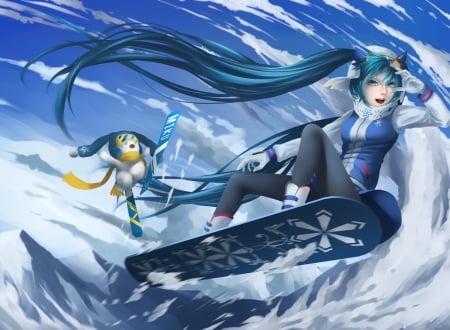 Hatsune Miku - anime, winter, blue, girl, hatsune miku, bunny, manga, wind, yuki, white, luminos