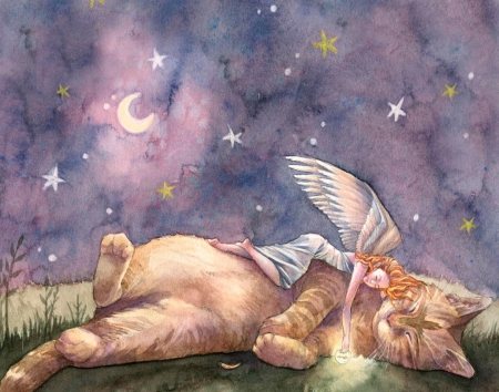 Sleeping beauties - wing, cat, sara burrier, stars, girl, night, art, pisica, fantasy, moon, luminos, angel