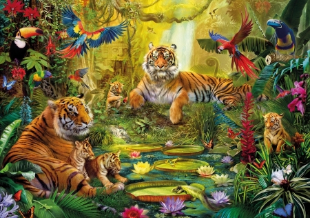 Tigers - bird, parrot, flower, tiger, family, pictura, fantasy, animal, painting, jungle, pasare, art, luminos