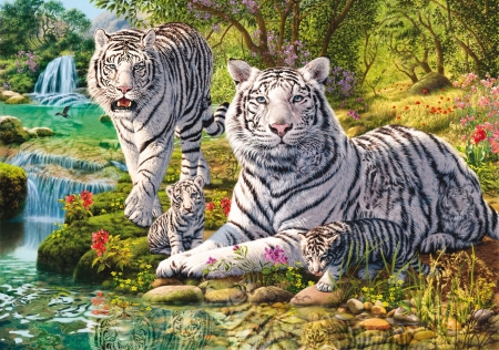 White tigers - cub, water, summer, fantasy, painting, white, art, luminos, family, animal, pictura, tiger, cute