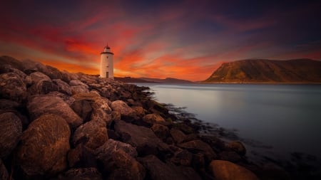 Lighthouse Sunset - sunset, Lighthouse, nature, landscape, rocks