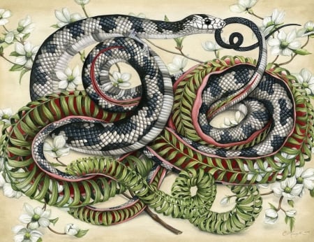 Snakes - fantasy, white, snake, green, bone owl, spring, flower, luminos