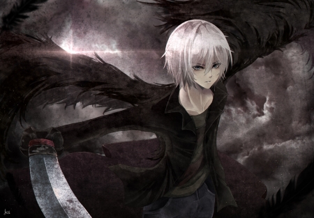 Angel - feather, black, dark, anime, girl, manga, wings, fantasy, angel