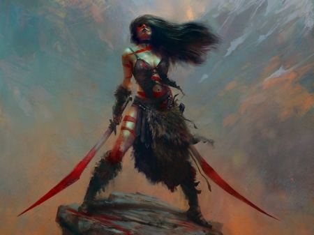 Warrior girl - girl, warrior, blood, fantasy, black, wind, art, luminos, red, sword, amazon