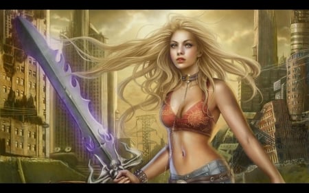 Warrior girl - girl, luminos, warrior, sword, cris ortega, fantasy, blonde