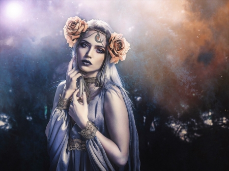 Beauty - moon, blue, girl, beauty, orange, rebeca saray, frumusete, fantasy, hand, woman, rose, luminos, luna