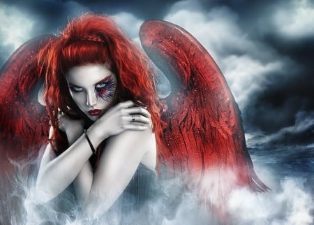 Angel - cloud, wings, red, rebeca saray, fantasy, luminos, girl, angel