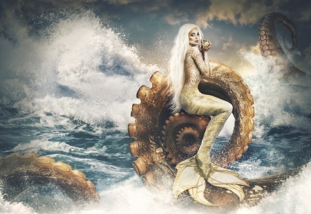 Mermaid - girl, mermaid, sirena, golden, sea, fantasy, rebeca saray, waves