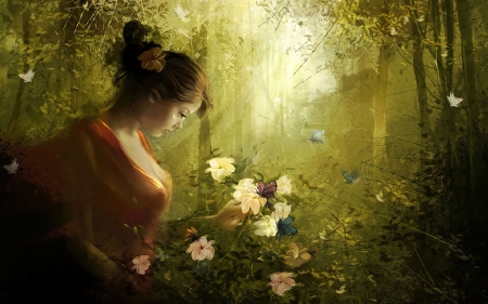 Garden beauty - flower, butterfly, fantasy, rose, luminos, girl