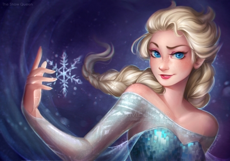 Elsa - princess, snowflake, girl, snow queen, winter, fantasy, fanart, blue, elsa, luminos, disney