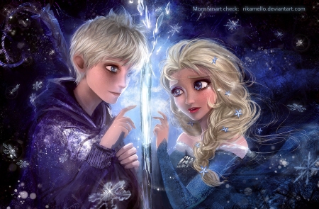 I can see you - princess, couple, girl, snow queen, jack frost, fantasy, fanart, luminos, blue, elsa, disney, rikamello