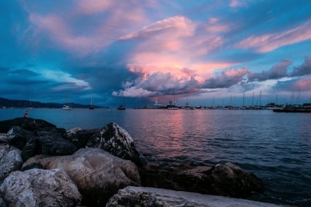 Boats in Ocean Twilight - Nature, Clouds, Oceans, Boats, Rocks, Twilight, Sky, Sea