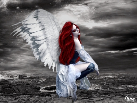 ANGEL - WHITE, WINGS, HAIR, FEMALE, RED, ANGEL