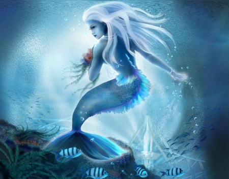 LIGHTING MY WAY - FEMALE, MERMAID, OCEAN, BLUE, LIGHT