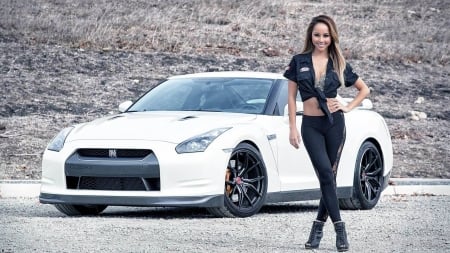 White Gt R - sporty, model, black outfit, nissan