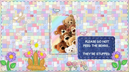 Fuzzywuzzies - pastels, teddy bears, quilt, text