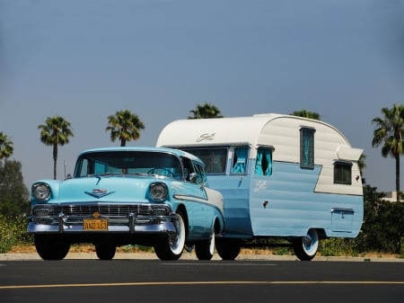 1956 Chevrolet Bel Air Nomad Retro Stationwagon Trailor Camping - GM, Whitewalls, Blue, Classic