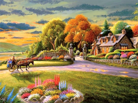 Hidden Harbor - summer, love four seasons, attractions in dreams, flowers, harbor, horse carriage, garden, home, houses, nature, paintings