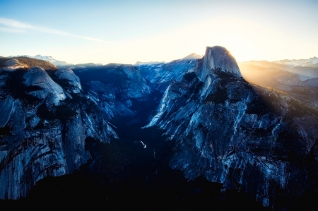 Crystal Blue Mountains, Yosemite National Park - gorge, sky, yosemite, mountain, canyon, woods, blue, sunrise