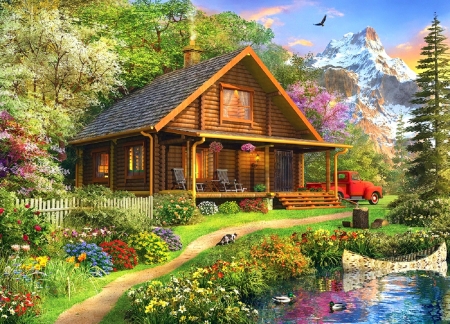 Mountain Retreat - summer, attractions in dreams, paintings, boat, flowers, nature, cabins, landscapes, cottages, mountains, love four seasons, walkway