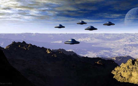 ufo fleet - fleet, mountains, ufo, sky