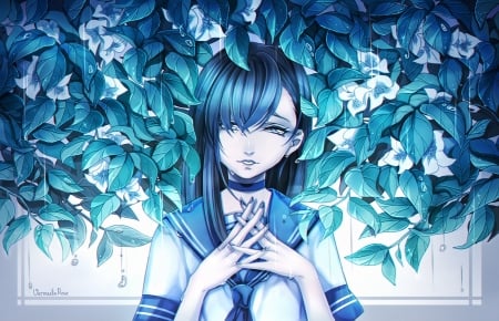 Girl - manga, anime, white, blue, girl, vermeillerose, flower, luminos