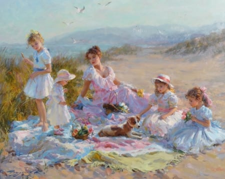 Afternoon at the seaside - konstantin razumov, summer, beach, children, copil, pictura, painting, woman, mother, art, luminos