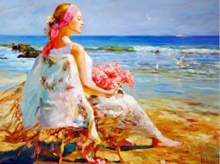 On the beach - beach, girl, summer, konstantin razumov, painting, luminos, pink, pictura, sea, flower