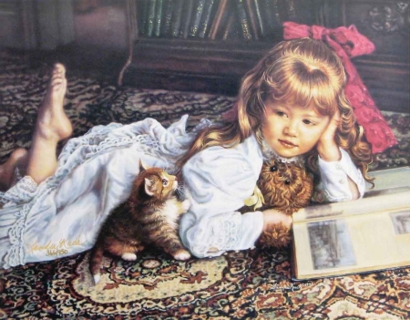 Little girl with kitten - bbow, girl, copil, child, cat, pictura, pisica, kitten, red, painting, vladislav nagornov, little, art