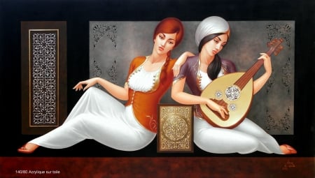 Girls - odalisque, girl, mourad chaaba, pictura, instrument, painting, couple, art, luminos