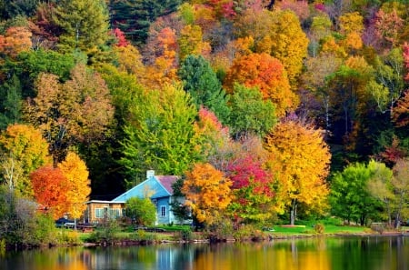 Colorful autumn reflections - forest, fall, mirror, foliage, reflections, beautiful, lake, river, lovely, trees, hut, autumn, colorful