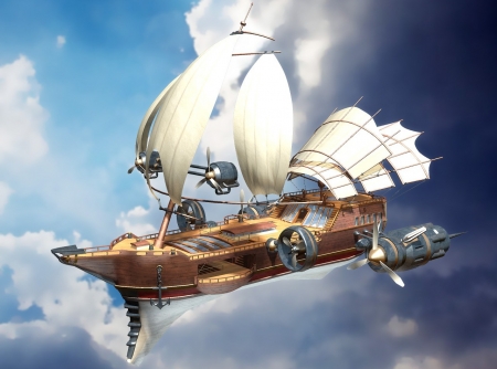 Airship - clouds, ship, sails, art, sky