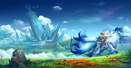 :-) - anime, blue, wolf, girl, sword, diamond dust, ice, lup, fantasy, luminos