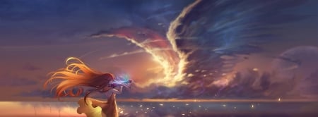 Angel's song - anime, water, wing, summer, violin, girl, angel, diamond dust, manga, instrument, cloud, luminos, sky