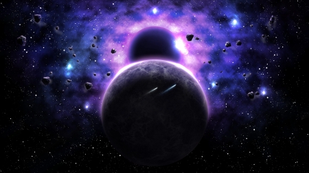 Taking Over - space, planets, moons, purple, 3d, stars