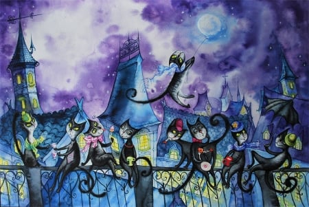 Cat party - fantasy, night, painting, cat