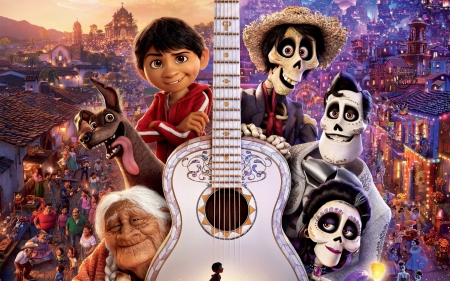 Coco - skull, movie, guitar, instrument, poster, white, halloween, coco, boy, disney