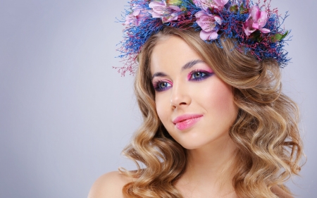 Beauty - wreath, blue, woman, model, girl, face, flower, pink