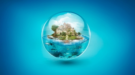 An island in a bubble - house, cow, water, summer, people, blue, sea, island, creative, fantasy, fish, luminos