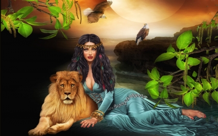 Fantasy Lady and Lion - Hawks, woman, Fantasy, Jungle, black hair, beauty, lion, eagles