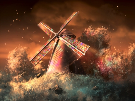 Colors of the wind - blue, colorful, fantasy, aquasixio, rainbow, autumn, art, windmill, luminos