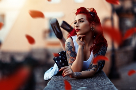 Beauty - tattoo, girl, alessandro di cicco, wind, redhead, autumn, red, woman, model, leaf