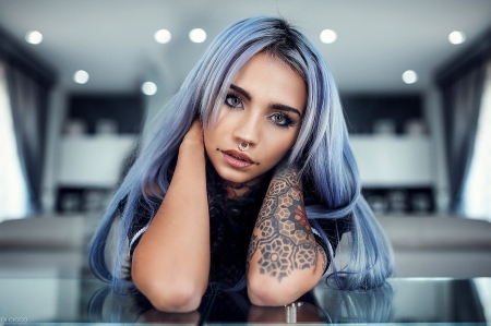 Beauty - tattoo, woman, alessandro di cicco, girl, blue, model