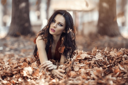 Beauty - woman, autumn, alessandro di cicco, girl, leaf, model