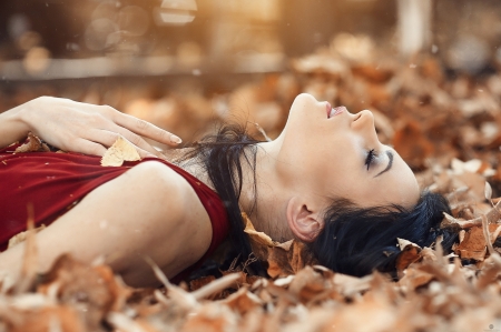 Beauty - woman, autumn, alessandro di cicco, girl, profile, leaf, model